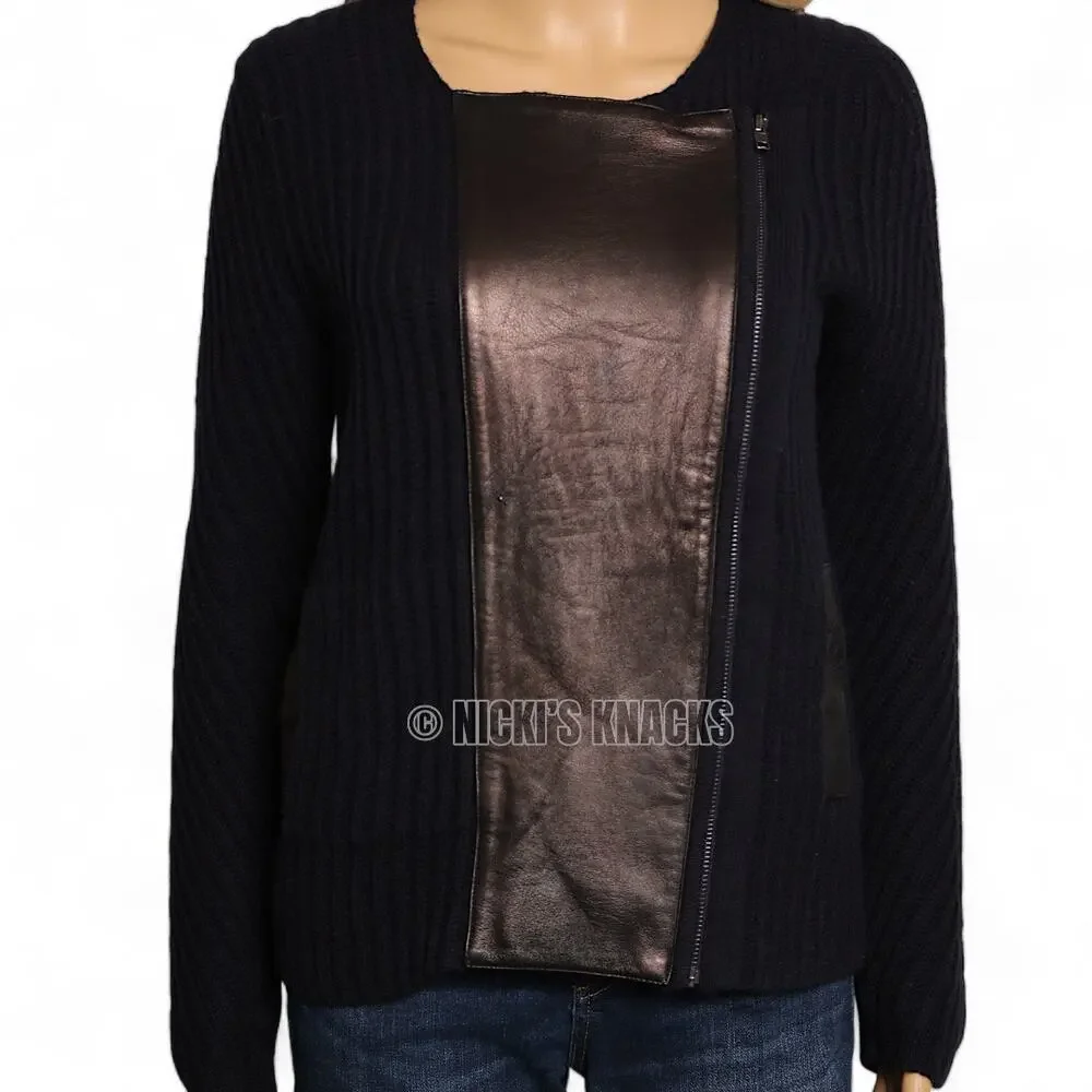 Madewell Merino Wool Leather Trim Zip Moto Cardigan Sweater Fall Outfit Size S